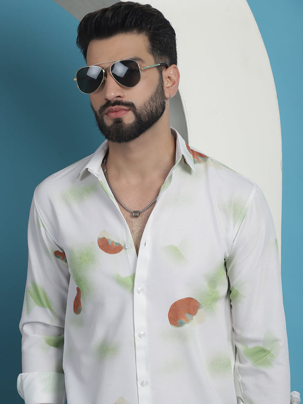 White Floral Printed Cotton Casual Shirt