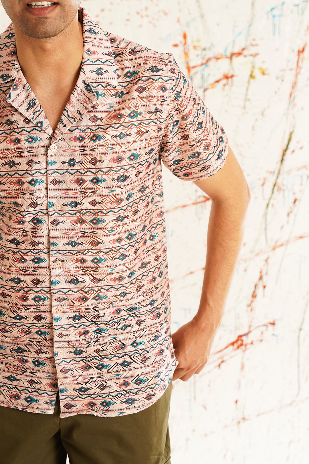 Classic Peach Printed Spread Collar Short Sleeves Cotton Casual Shirt