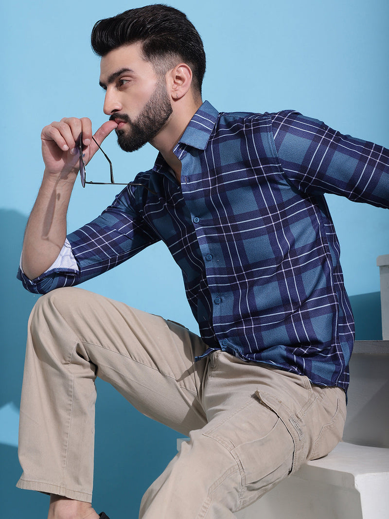 Blue Checked Cotton Casual Shirt for Men