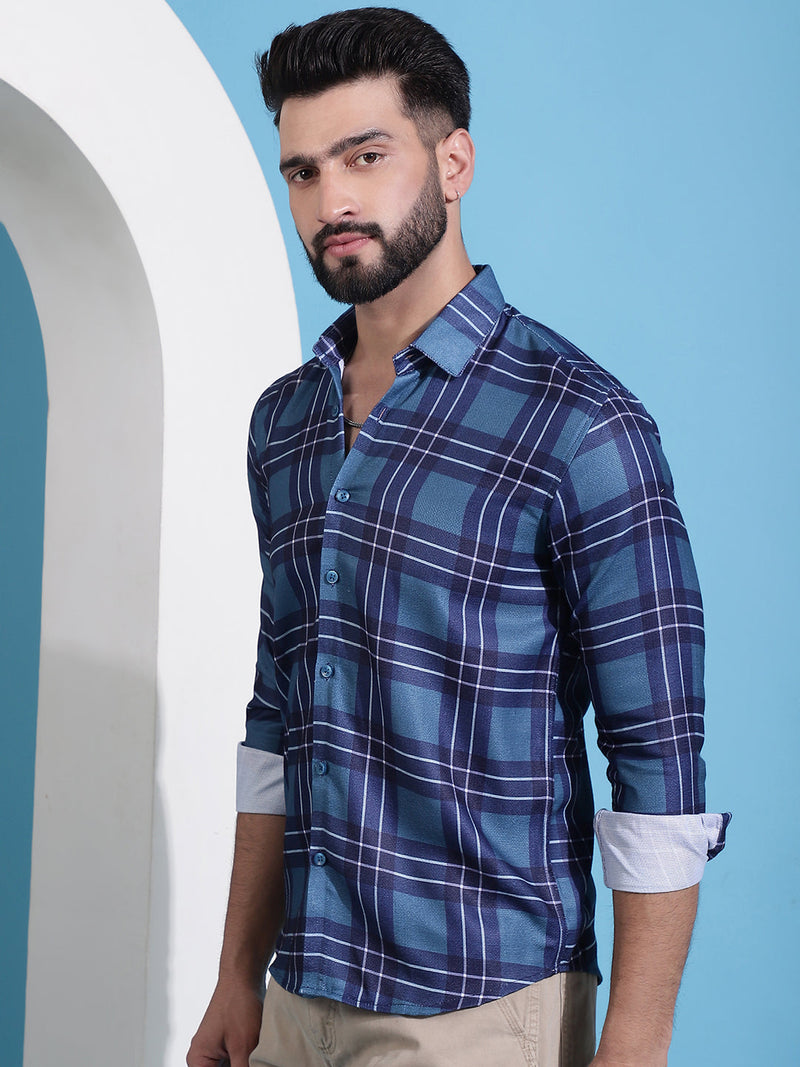 Blue Checked Cotton Casual Shirt for Men