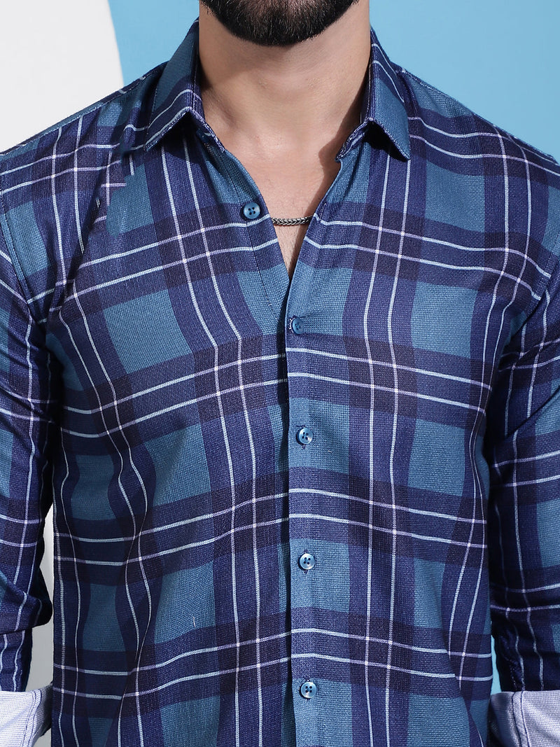 Blue Checked Cotton Casual Shirt for Men