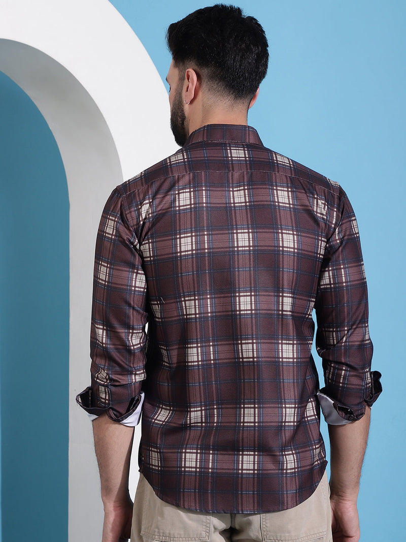 Coffee Brown Checked Cotton Casual Shirt for Men