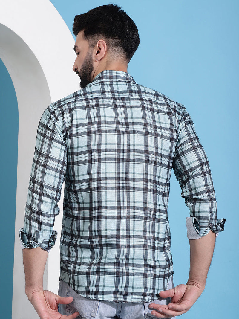 Green Checked Cotton Casual Shirt for Men