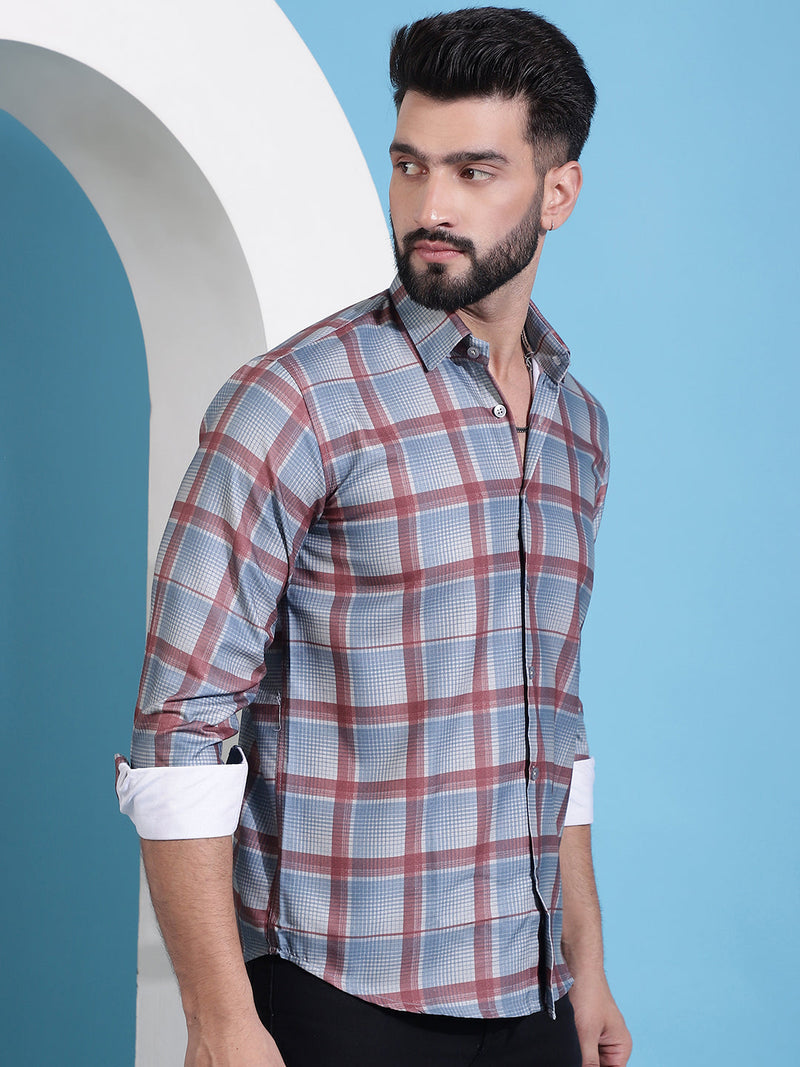 Grey Checked Cotton Casual Shirt for Men