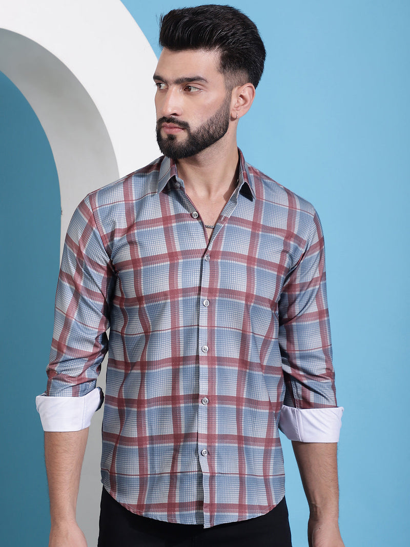 Grey Checked Cotton Casual Shirt for Men