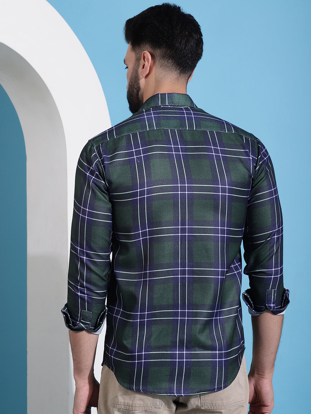 Olive Green Checked Cotton Casual Shirt for Men