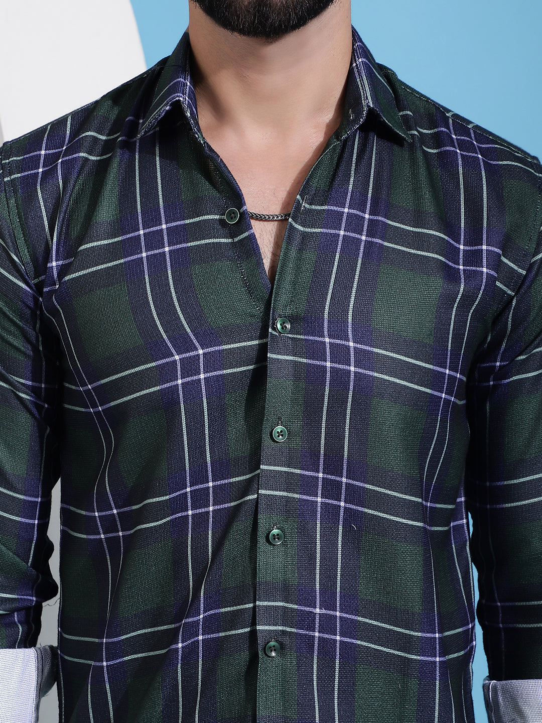 Olive Green Checked Cotton Casual Shirt for Men