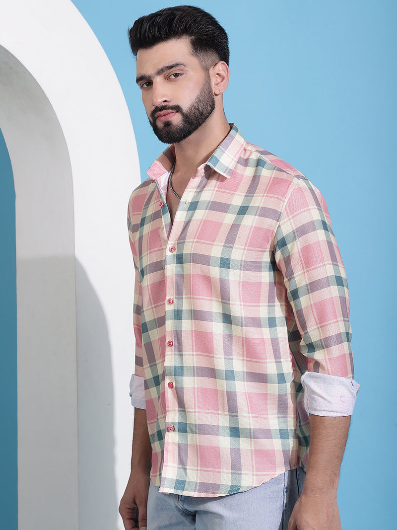 Peach Checked Cotton Casual Shirt for Men