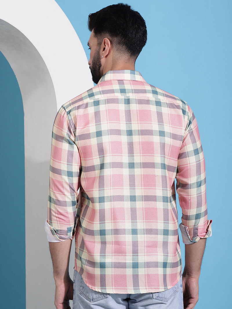 Peach Checked Cotton Casual Shirt for Men