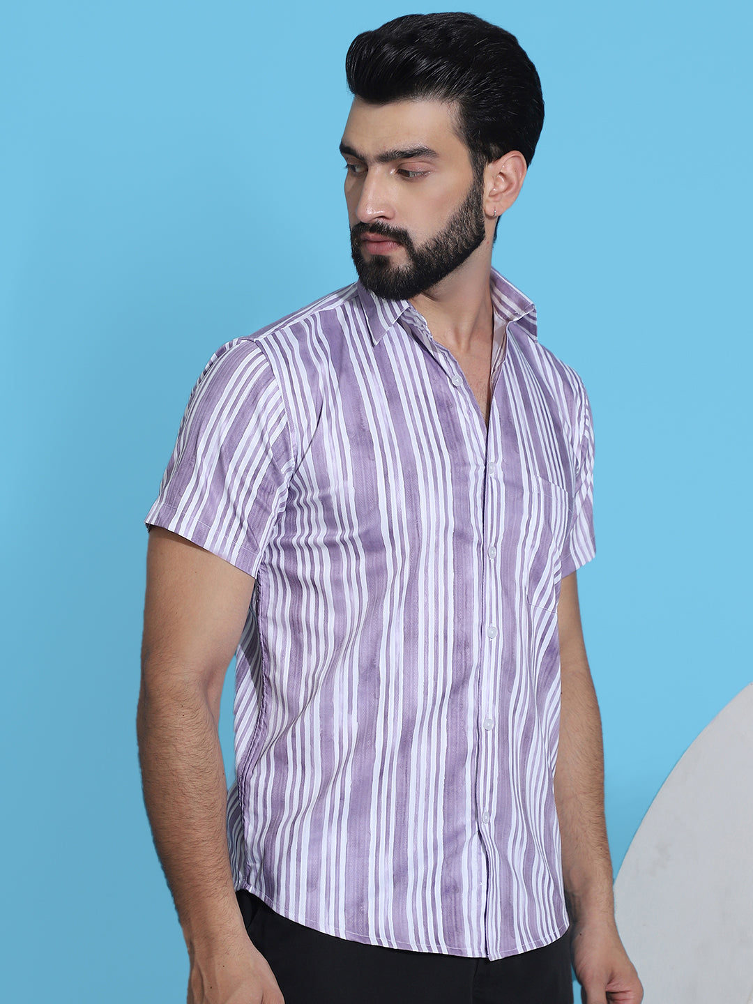 Striped Half Sleeve Cotton Lycra Shirt for Men
