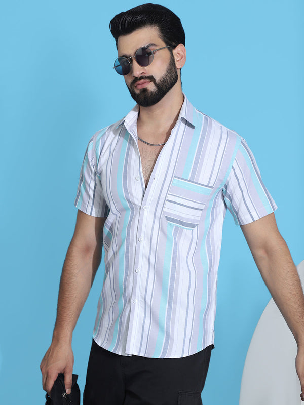 Striped Half Sleeve Cotton Lycra Shirt for Men