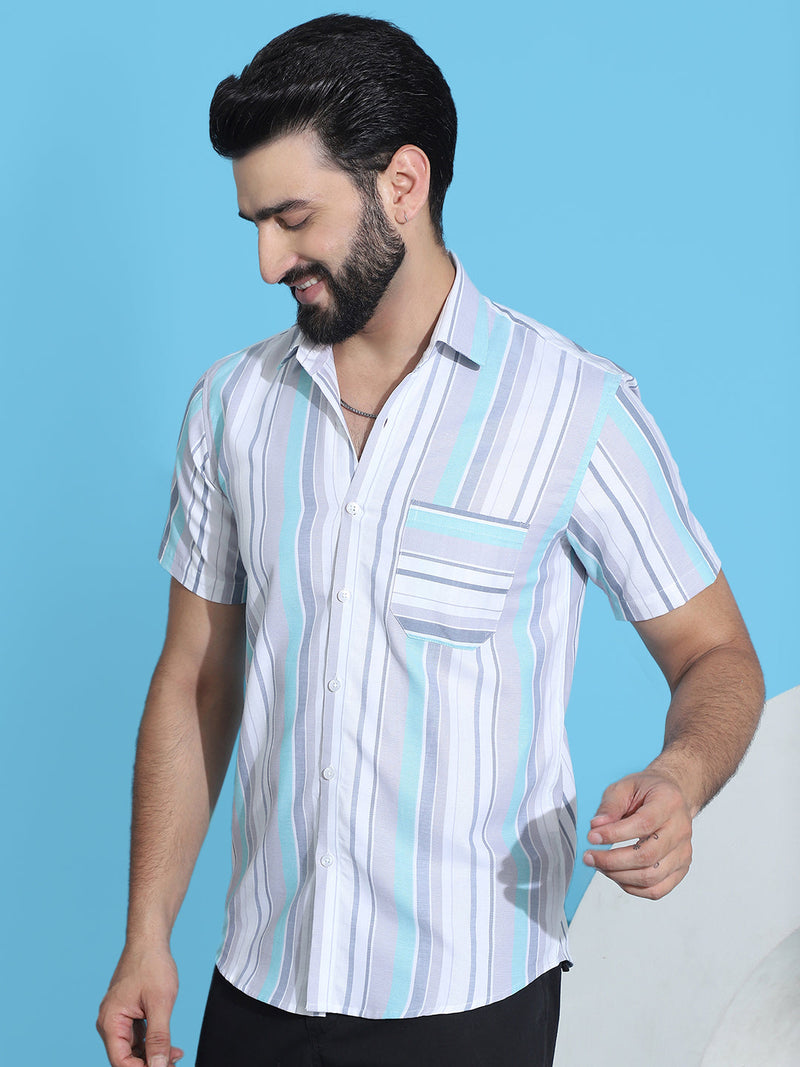 Striped Half Sleeve Cotton Lycra Shirt for Men