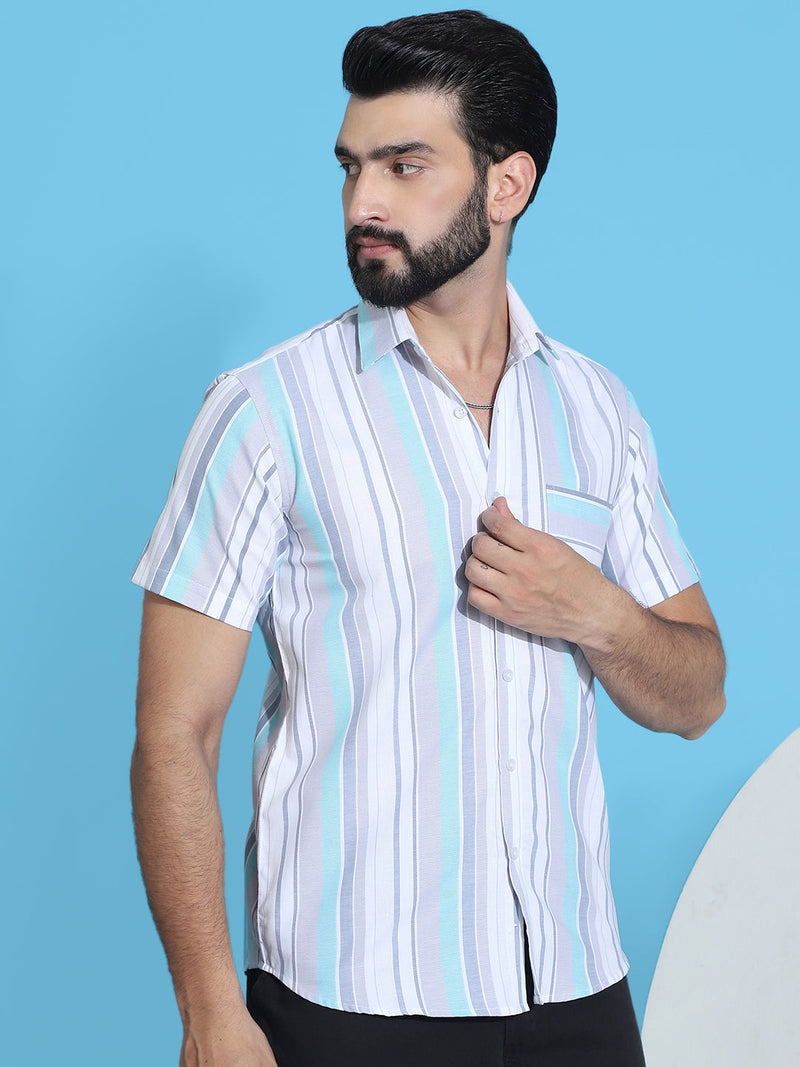 Striped Half Sleeve Cotton Lycra Shirt for Men