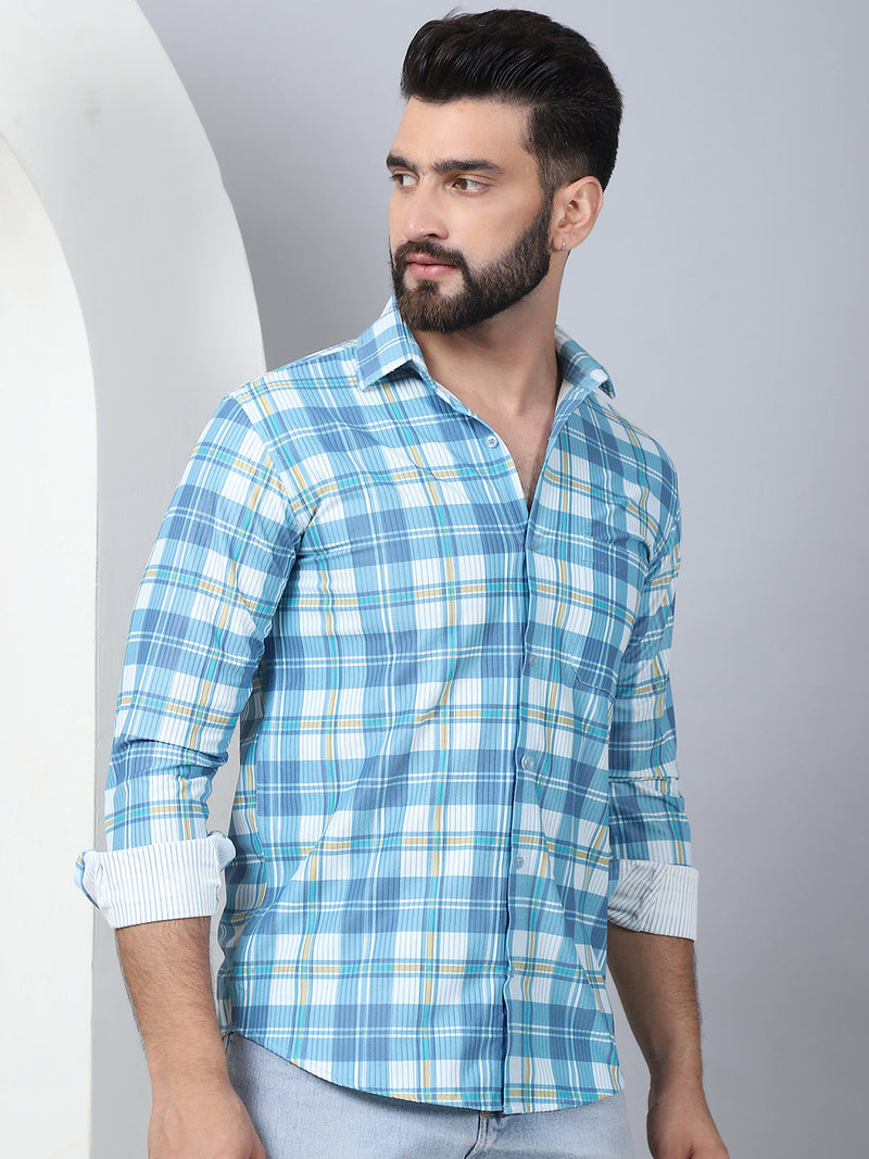 Checked Spread Collar Cotton Casual Shirt for Men