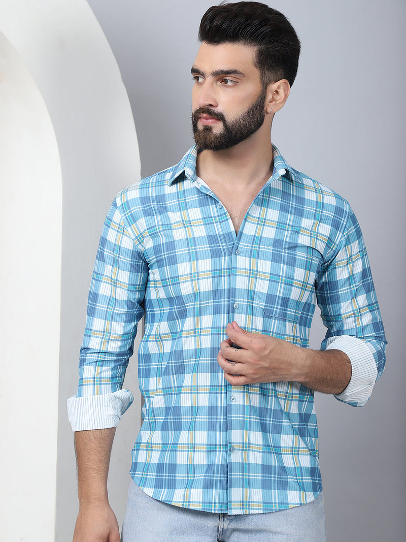 Checked Spread Collar Cotton Casual Shirt for Men