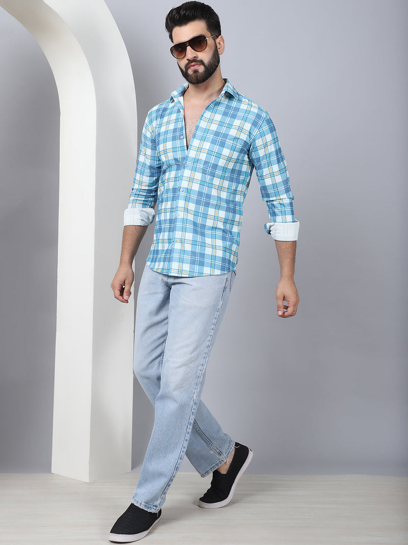 Checked Spread Collar Cotton Casual Shirt for Men