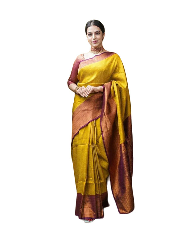 Vamika Weaving Banarasi Jacquard yellow Kanjivaram Saree