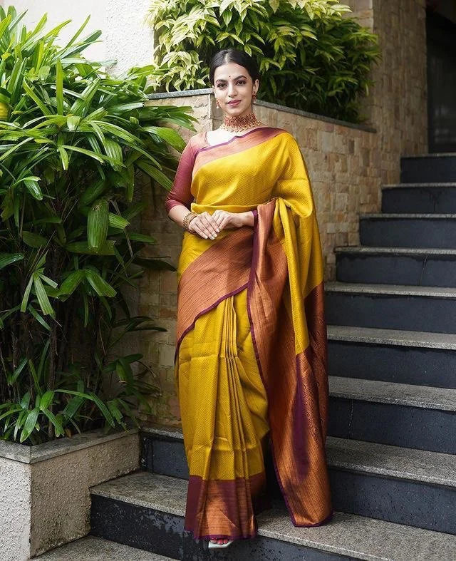 Vamika Weaving Banarasi Jacquard yellow Kanjivaram Saree