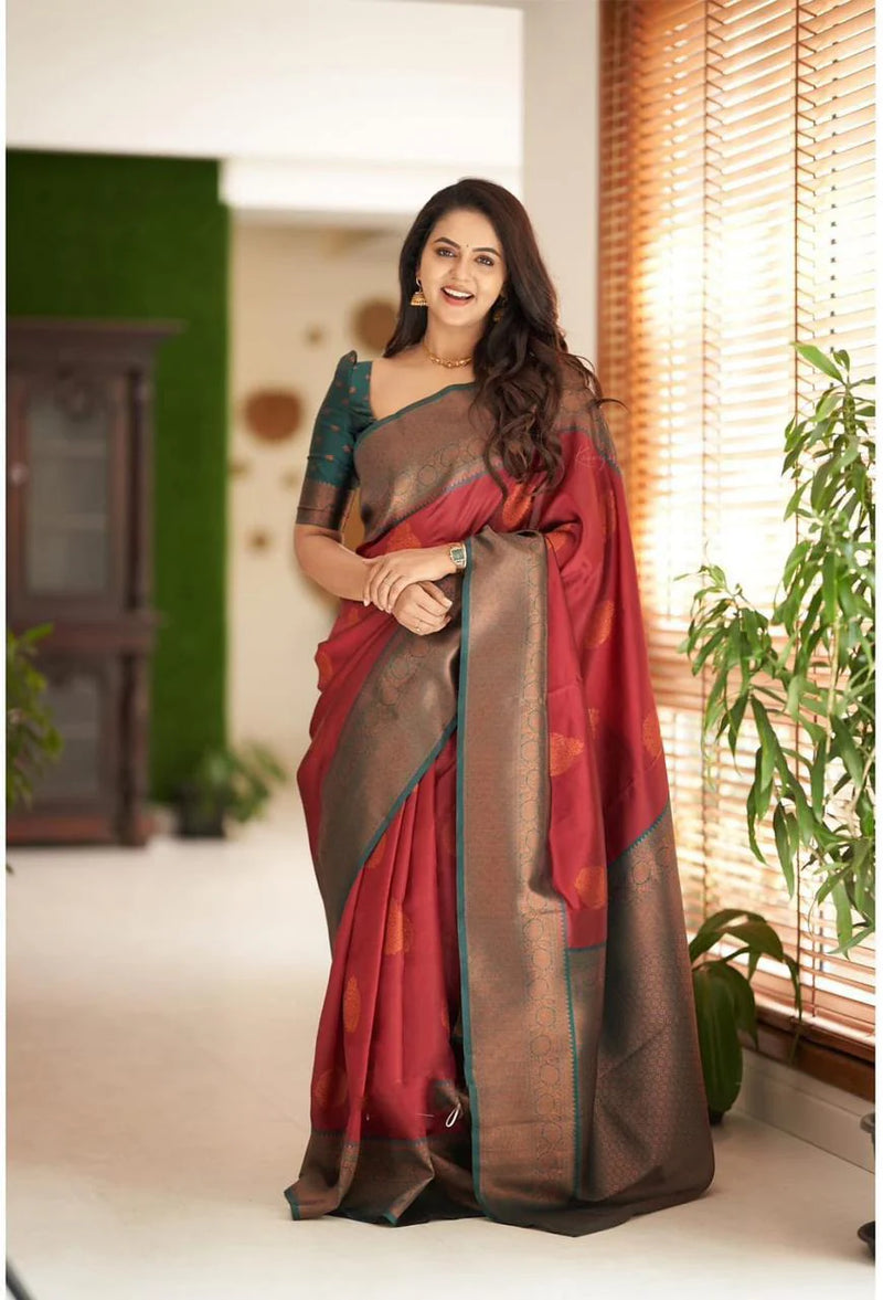 Vamika Weaving Banarasi Jacquard red Kanjivaram Saree