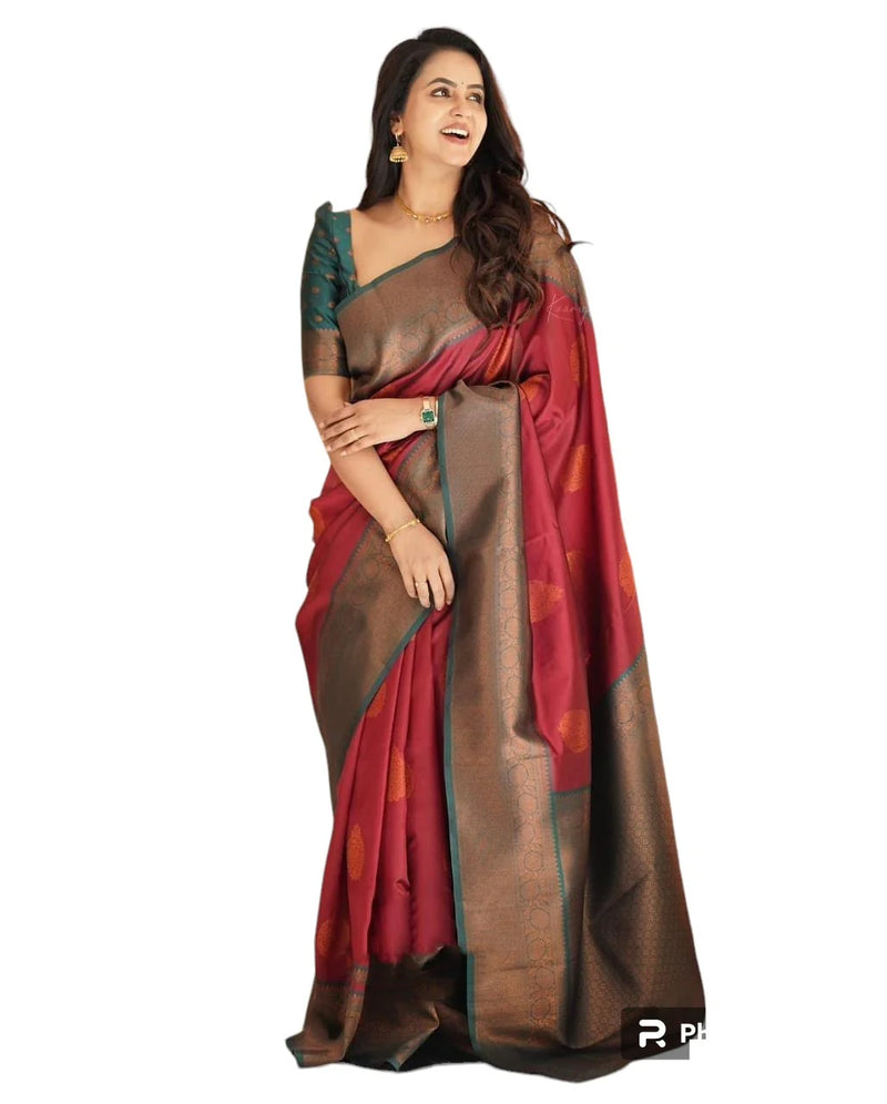 Vamika Weaving Banarasi Jacquard red Kanjivaram Saree