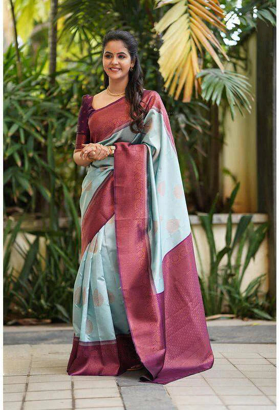 Vamika Weaving Banarasi Jacquard sky blue Kanjivaram Saree