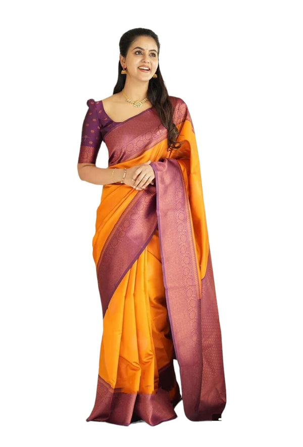 Vamika Weaving Banarasi Jacquard yellow Kanjivaram Saree