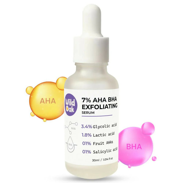 WildOak 7% AHA BHA Glycolic Acid Exfoliating Peeling Face Serum | Deep Pore Cleansing & Improve skin texture | Great for Wrinkles & Large Pores | Great for Beginners | 1% Fruit AHA | 30ml