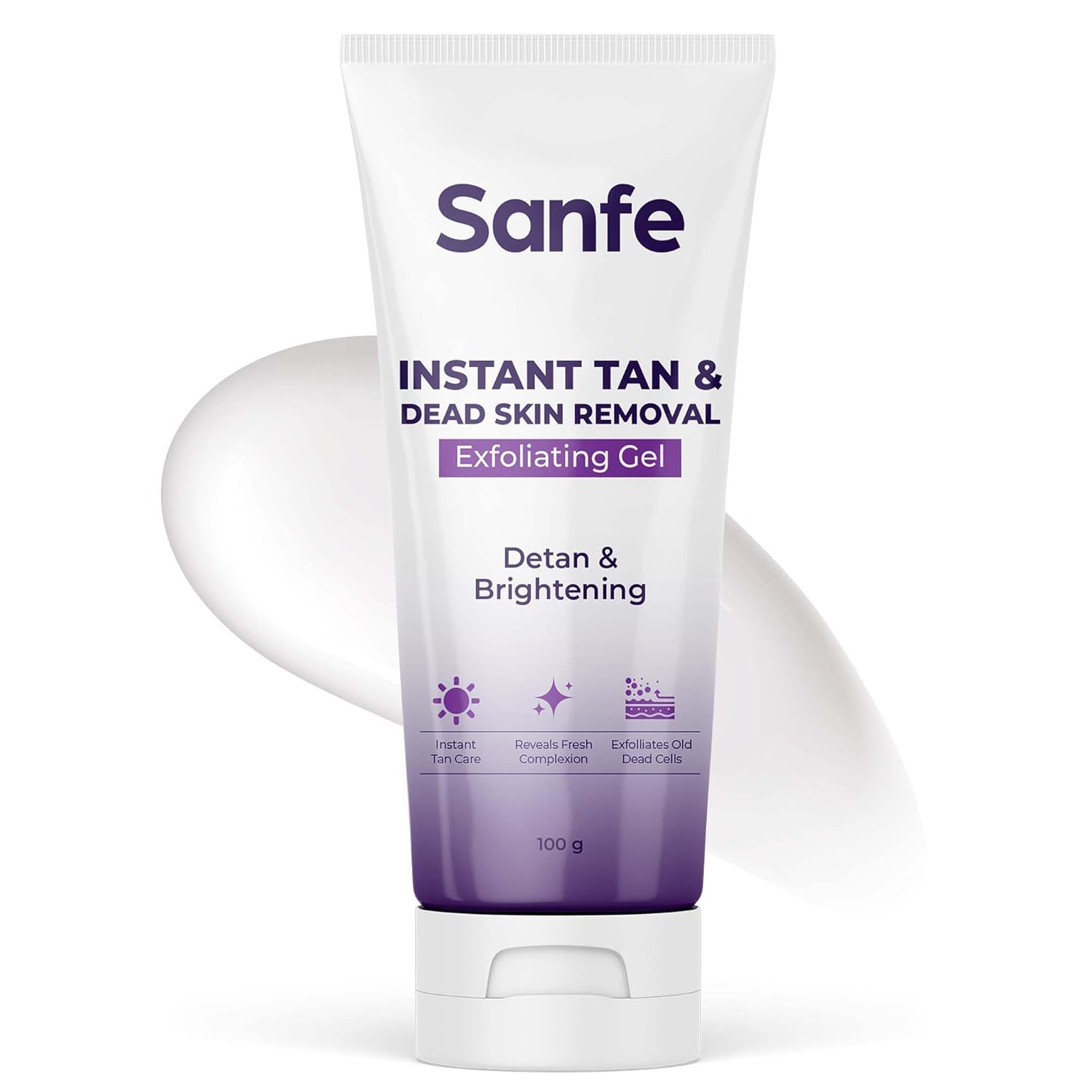 Sanfe exfoliating gel tube for instant tan and dead skin removal on a white background