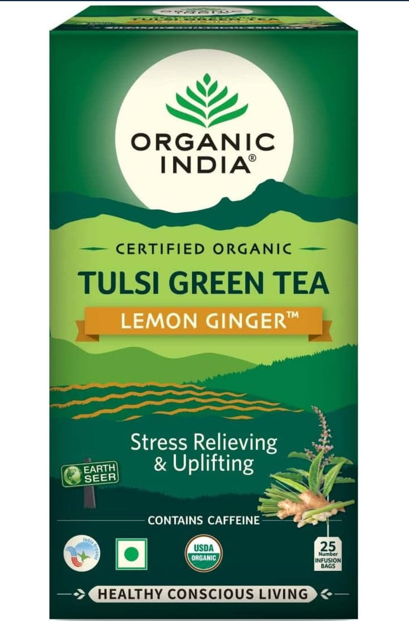 Organic India Tulsi Green Tea Lemon Ginger 25 Tea Bags