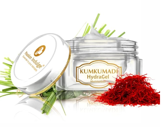 Passion Indulge Kumkumadi Natural HydraGel Moisturizer SPF 15 unisex for Anti-Aging, Glowing, shine and Brightness with Saffron, Vetiver Oil, and 16 Herbs for All Skin Types - 50gm