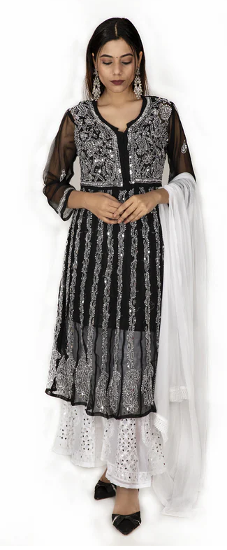 Suvesha - Chikankari Anarkali Suit With Mirror Work- Black