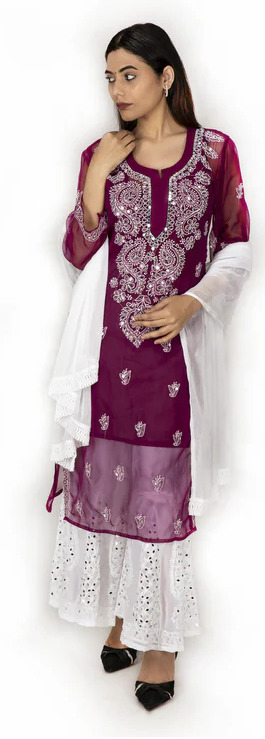 Suvesha - Chikankari Straight Kurti & Inner with Mirror Work - Purple