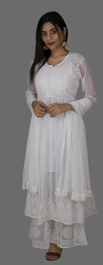 Suvesha - Chikankari Anarkali Suit With Dupatta & Inner - White