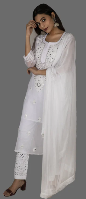 Suvesha - Chikankari Straight Kurti With Mirror Work - White