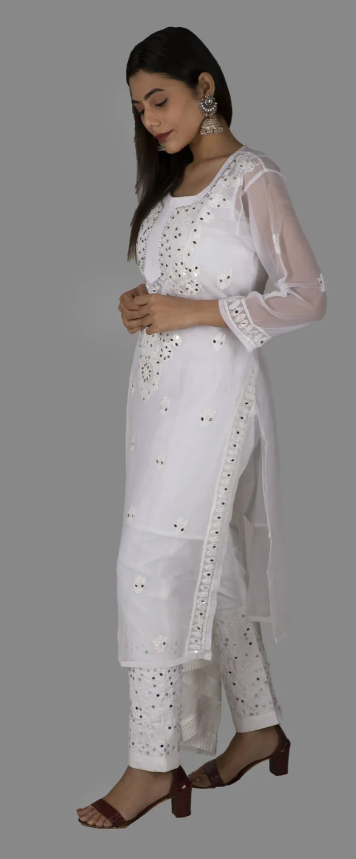 Suvesha - Chikankari Straight Kurti With Mirror Work - White