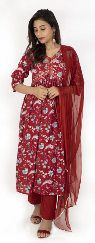 Suvesha - Nyra Cut Kurta Pant Set With Dupatta - Red