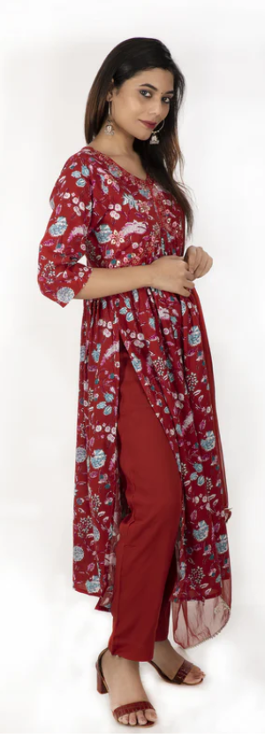 Suvesha - Nyra Cut Kurta Pant Set With Dupatta - Red