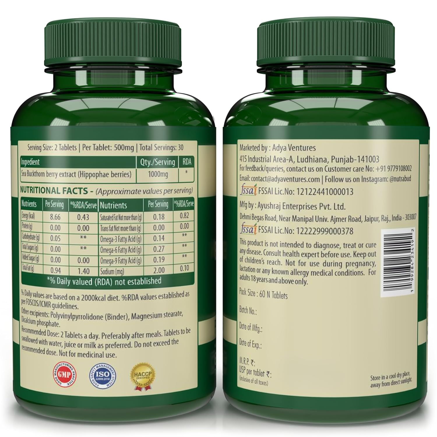 Nutrabud Organics Sea Buckthorn Berry Powder 1000mg - 60 Veg Tablets