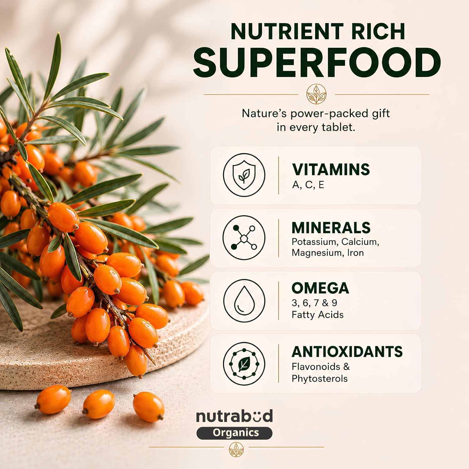 Nutrabud Organics Sea Buckthorn Berry Powder 1000mg - 60 Veg Tablets