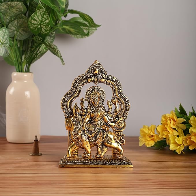 Sherawali Maa Murti/Goddess Durga Maa Idol for Mandir Pooja, Religious Idol Figurines for Gift,Sherowali Maa Murti Statue for Home Temple,Office,Gifts - Gold - 6.3 x 4.3 Inch