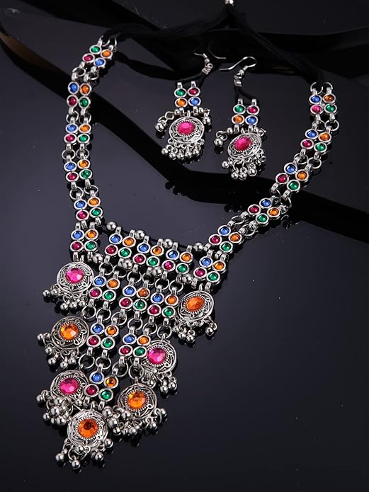Diva Fashion Latest Stylish Traditional Oxidised Silver Necklace Jewelry Set for Women for Navratri, Garba and Dandiya