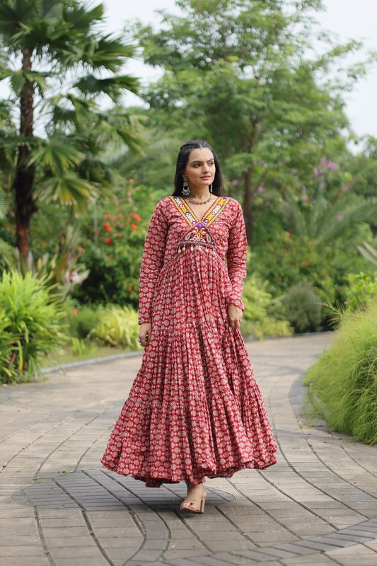 Aastha Maroon Cotton with Gown fabric Printed Cotton With Kutchi Gamthi Work and Kodi Lace