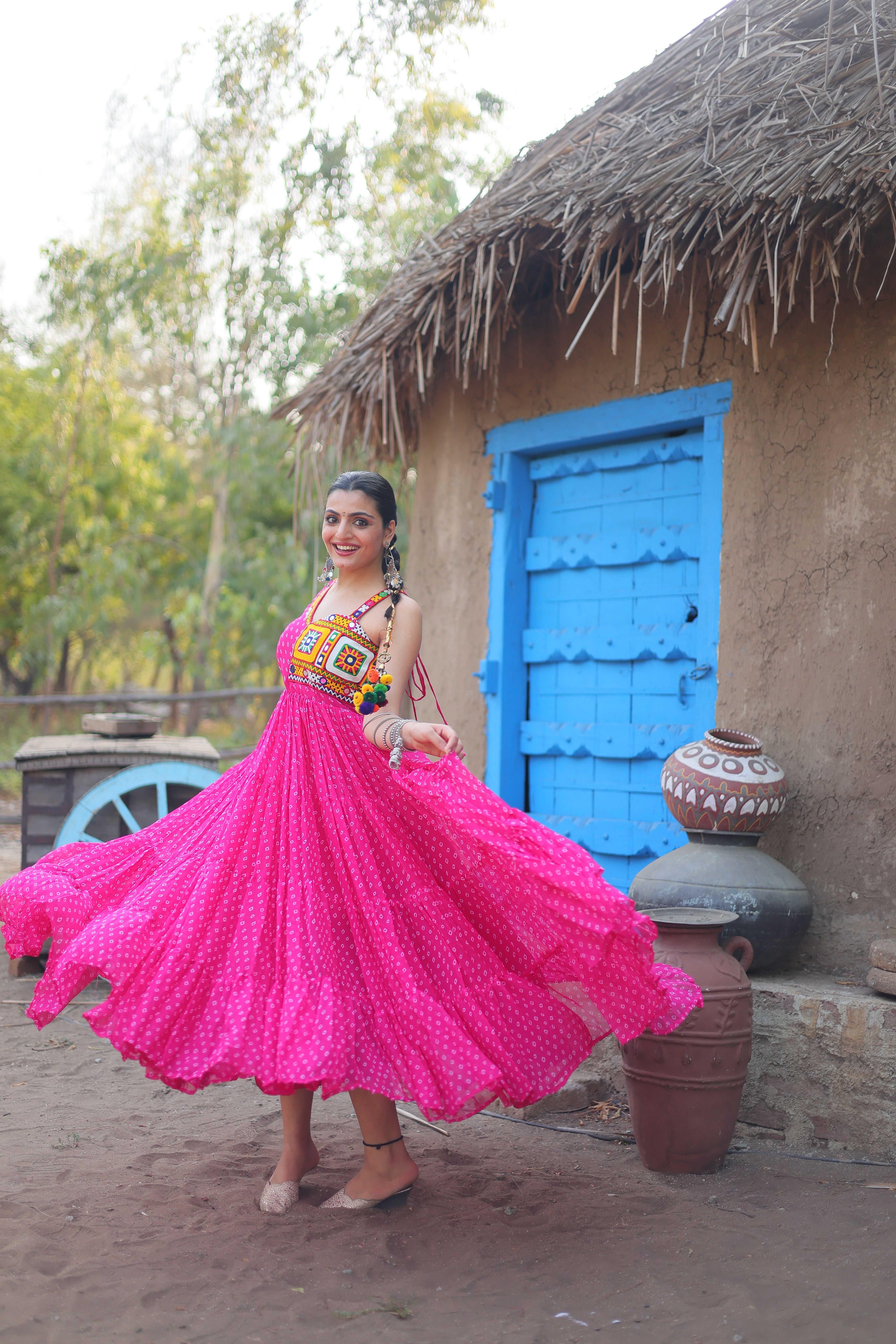 Aastha Pink with Gown fabric Faux Georgette Bandhani Print work with kutchi patchework