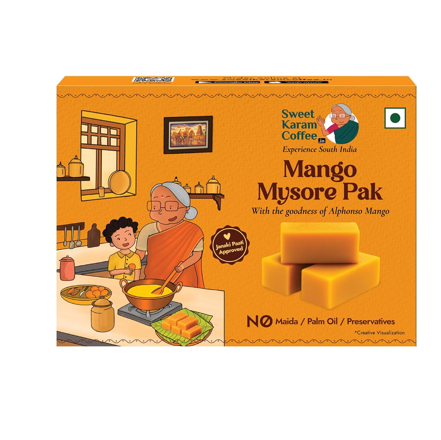 Box of Sweet Karam Coffee Mango Mysore Pak with illustration of an elderly woman and child cooking.