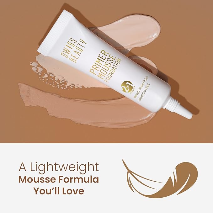 Swiss Beauty Primer Mousse Foundation tube with foundation on a brown background