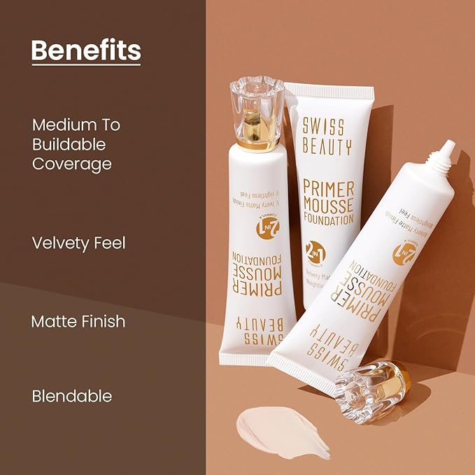 Swiss Beauty Primer Mousse Foundation Weightless Smooth & Velvet Touch, Face Makeup, Natural Beige, 30ml