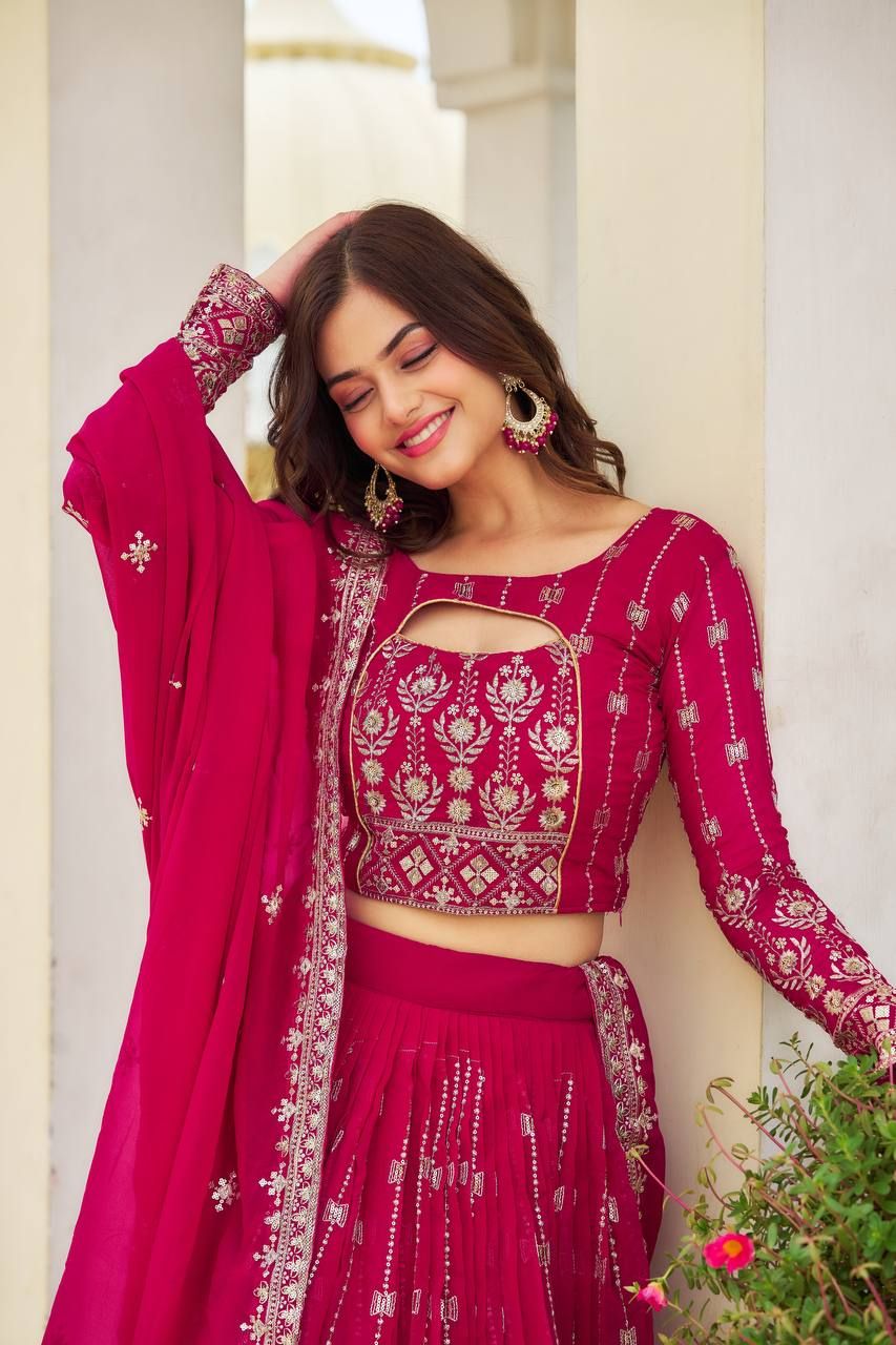 Aastha fashion Magenta Heavy Fox Georgette lehanga blouse fabric Embroidery Sequence Work