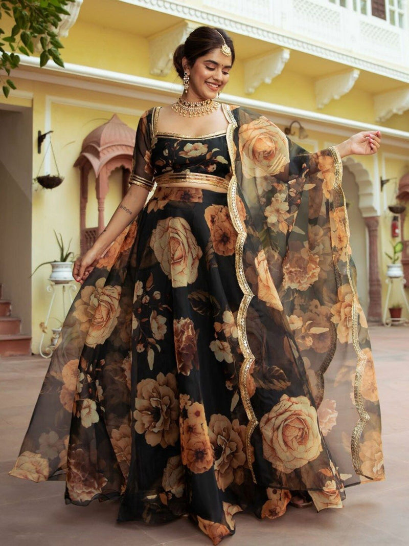 Aastha fashion Black Organza lehanga blouse fabric Floral Digital Print with Embroidery Work