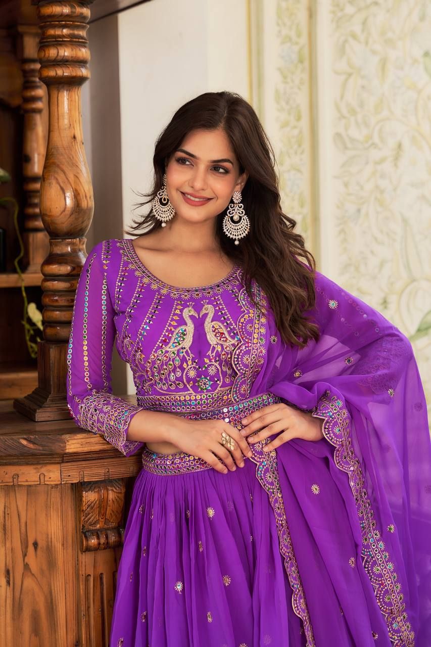Aastha fashion Purple Fox Georgette lehanga blouse fabric Embroidery 7mm multi Sequence Work with belt
