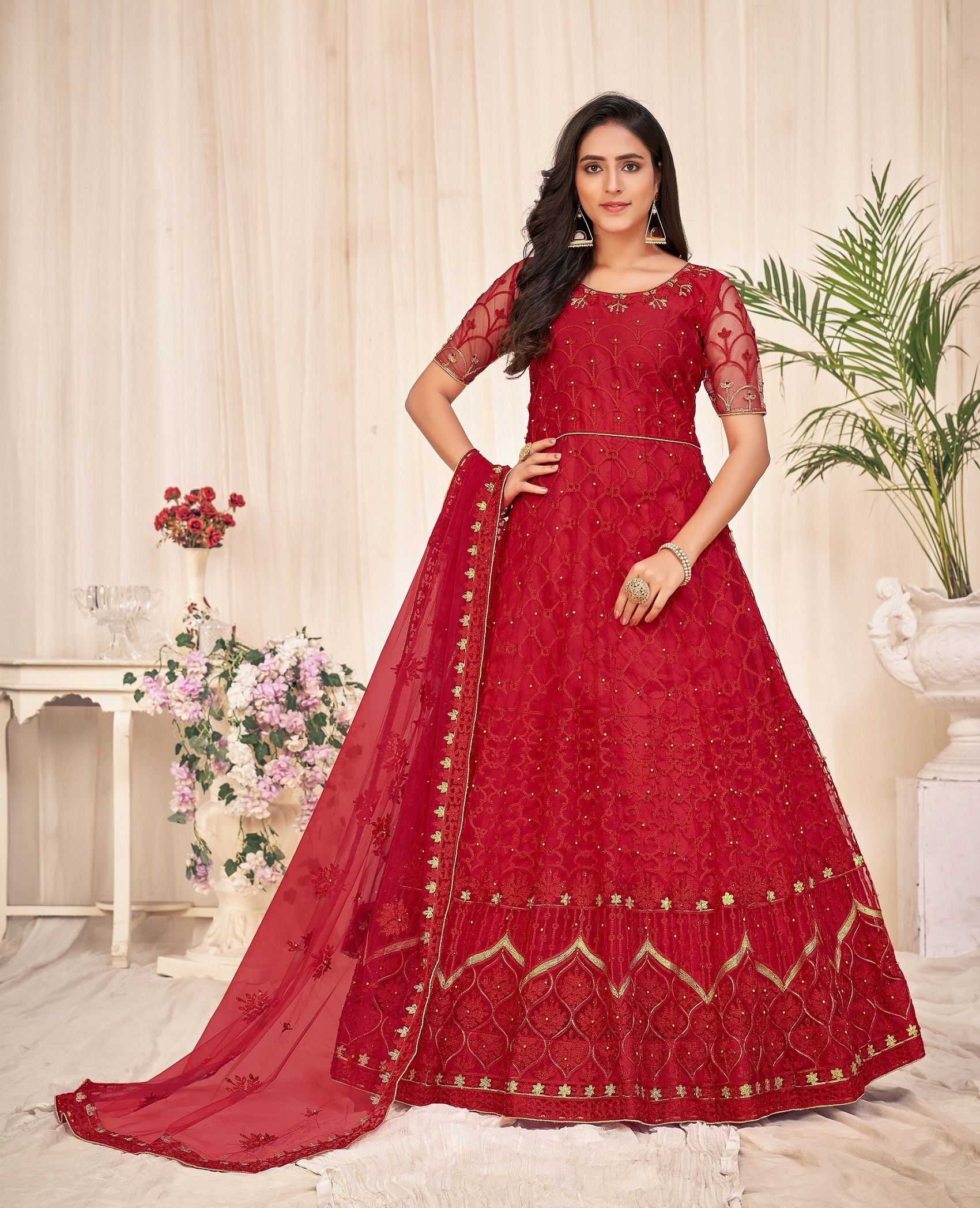 Aastha Red Dupatta with Net top fabric Crepe Bottom fabric